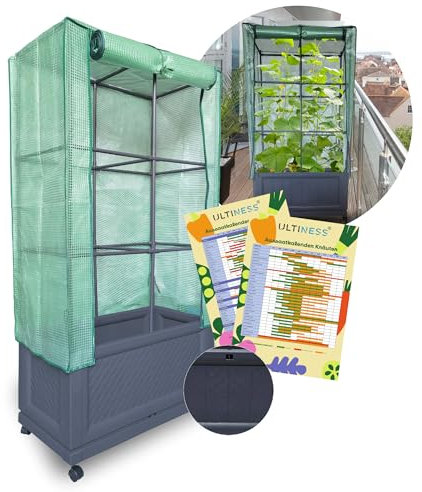 Ultiness® Balkon Gewächshaus Laura mit Pflanzkasten, Rankgitter & Schutzfolie, Tomatengewächshaus, Tomatenzelt, Foliengewächshaus – Wetterfest, UV-beständig, Platzsparendes Urban Gardening Terrasse