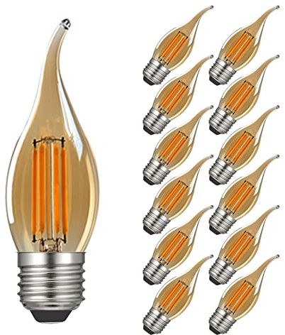 MAYCOLOR Birne Kerzenform E27 4W Ersetzt 40W, 400 lumen, Warmweiß 2700K, Glühbirne Retro, Glühbirne Vintage E27 Ideal für Nostalgie und Retro Beleuchtung, Amber Glas, 12er Pack