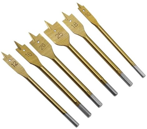 Spade Drill Bits Set,6pcs 10mm-25mm Dia Carbon Steel Flat Wood Drill Bit,three Pointed Woodworking Flat Drill Set With Hexagonal Handle Drill Bit Hole Opener(Titanium-plated 6pcs)