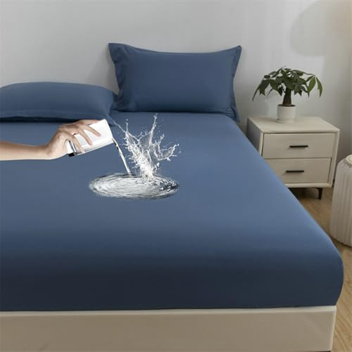 Bettspanntuch Boxspringbett 140x200cm Baumwolle Polyester Wasserabweisend, Spannbetttuch Dunkelblau Einfarbig Bettlaken Matratzenhöhe bis 25cm Hoch