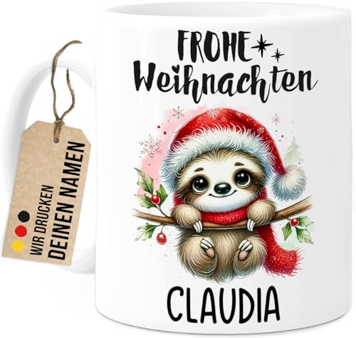 Tassenliebling® Faultier Tasse personalisiert - Kindertasse mit Namen - Frohe Weihnachten - Faultier Geschenke - Weihnachtstasse - Personalisierte Geschenke Kinder - Kinderbecher aus Keramik 330ml