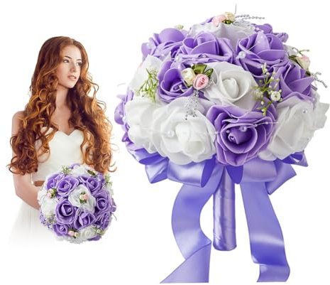 Aublinto Ramo de flores artificiales, ramo de rosas artificiales, ramos de boda, ramo de rosas de seda artificiales, ramo con cinta con flores de polietileno para novia o damas de honor, color lila