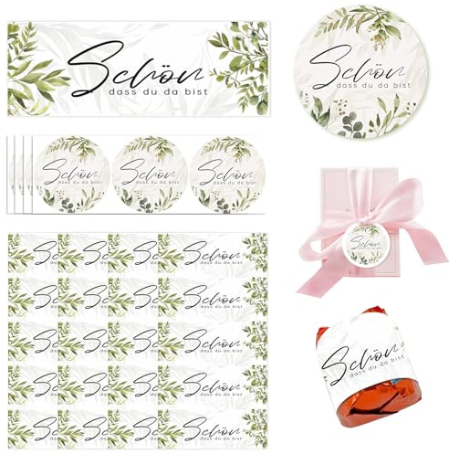 120 Stück Gastgeschenke Hochzeit Aufkleber-Schön dass du da bist-Selbstklebende Etiketten im Eukalyptus Design für Geburtstag Taufe Kommunion für Küsschen Pralinen Rechteckig/Runden