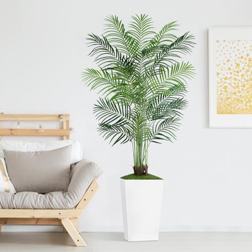 Keeplush 6ft Artificial Palm Tree with White Planter-Tall Artificial Indoor Plants, Fake Tropical Palm Tree with 13 Trunks, Faux Silk Plants for Home Office Living Room Bedroom Modern Decor