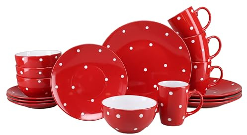 CreaTable, 24595, Serie Polka Dots Rot-Weiss, 16-teiliges Geschirrset für 4 Personen, Kombiservice aus Steinzeug, spülmaschinen- und mikrowellengeeignet, Qualitätsproduktion