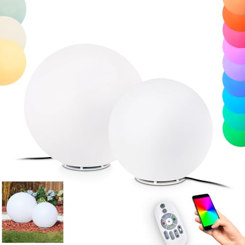 HOFSTEIN Kugelleuchte Ilorn, Kugellampen 2er Set aus Kunststoff weiß, RGB Wegelampe Ø 39, 50cm mit Fernbedienung, CCT einstellbar 2700-6500, Farbwechsler, Außenleuchte Garten, IP 65, 2xE27 inkl.