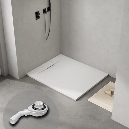 WITEN&NOCK Duschwanne 120x100 cm SMC Brausewanne weiß Steinoptik Anti-Rutsch Duschtasse Höhe 3,2 cm superflach Brausetasse inkl.Ablaufgarnitur