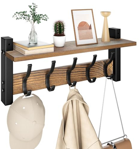 Optish Coat Rack Wall Mount with Shelf, 17.1 Inch Coat Hanger, Entryway Wall Key Holder, Hat Rack for Walls, Shelf with 5 Coat Hooks, Purse Hanger for Wall (Brown)
