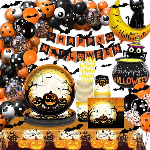WINAROI Halloween Party Deko,Halloweens Luftballons Girlande Kürbis Pappteller Servietten Tassen Banner halloween Dekoration für Heimat Garten halloween Party Deko
