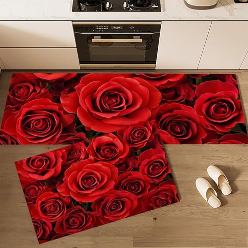 MLSOWM Küchenläufer rutschfest 2 Stück, Küchenteppich Romantische Rose Waschbar KüchenmattenValentinstag-Thema, Teppich Läufer Flur für Küche, Terrasse & Wohnraum, 40x60cm+40x120cm Rot