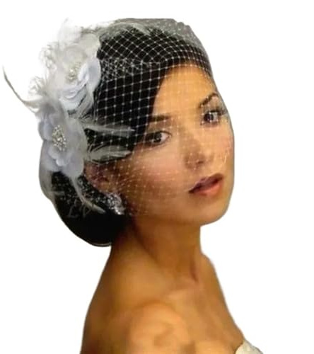 XIUsheUA Spitze Birde Cage Hochzeit Blume Weiß Schleier Gesicht Kurze Feder Netting Vintage Fascinator Braut Hüte mit Schleier für Hochzeit, Teeparty