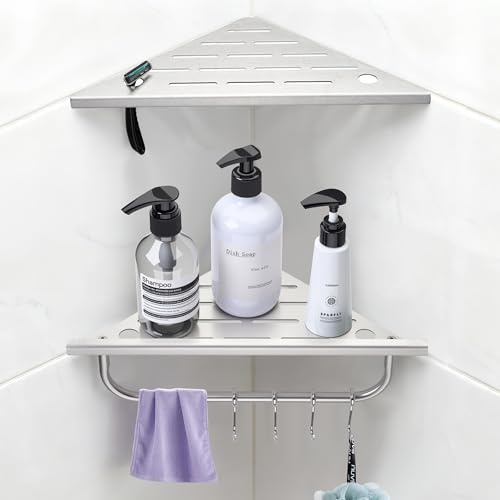 goodleben Shower Corner Shelf, 10'' Corner Shower Shelf with Towel Bar & Hooks, 2-Pack 304 Stainless Steel Recessed Bathroom Shelves, No Drilling for Tiled Wall (Brushed Nickel)