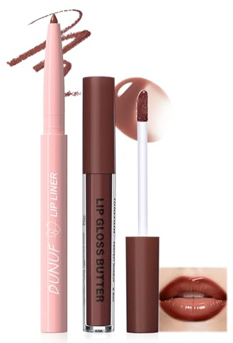 Prreal 2PCS Brown Lip Liner and Butter Lip Gloss Set,#04 | Matte Lip Liner with Moisturizing Lip Gloss Oil, Plumping Long Lasting Waterproof Smooth Silky Lip Kit,#04