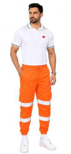 Hi Viz Men's Fleece Work Trousers Reflective Safety Hi Vis Joggers - Men High Visibility Combat Workwear Bottoms Pants (Orange, Large)