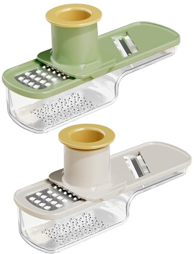 2 Pieces Mini Mandoline Slicer 3 in 1 - Ginger Garlic Grater, Vegetable Chopper with Container, Easy Grip Handheld Kitchen Tool, Safety Guard, for Camping Cooking and Picnic