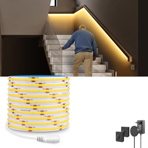 LED Strip mit 2 Bewegungsmelder 10M, 24V 320 LEDs/M mit Stecker LED Streifen mit Netzteil Selbstklebend 3000K Warmweiß Bewegungsaktivierte Licht für Schränke Treppen Flur Schlafzimmer Party,3000k,10M