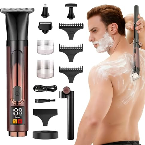 Rasoir électrique pour le dos pour homme, 4 en 1, avec poignée d'extension réglable, étanche, sans fil, kit de soins du corps USB pour parties privées, barbe, dos, nez