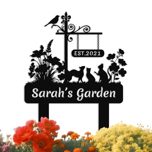 Custom Cats Metal Garden Sign with Stake,Personalized Gardener Name Sign, Outdoor Yard and Lawn Decor,Gifts for Gardeners style-14