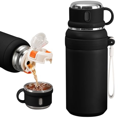 Upgrade Water Bottles - Botella de agua aislada al vacío de acero inoxidable 316 con taza de viaje, botella térmica de boca ancha, para bebidas calientes/bebidas frías, aislamiento de 24 horas (negro