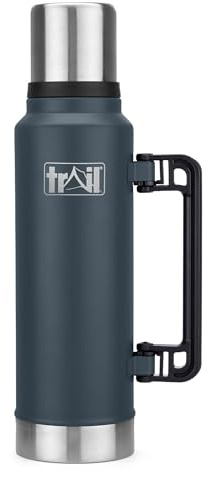 Trail Vacuum Flask with Handle, Camping & Travel, 1300ml, Dark Grey | Double-Walled Copper Insulation, Stainless Steel, Hot 12hrs & Cold 24hrs, Twist-&-Pour Stopper, Lid Cup, Folding Handle