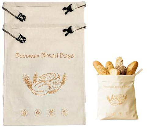 2 Pcs Beeswax Bread Bag, Wide Zipper Access Cotton Beeswax Bread Bags, Reusable Food Storage Bag for Home Picnic Traveling Daily Use to Keep Fresh