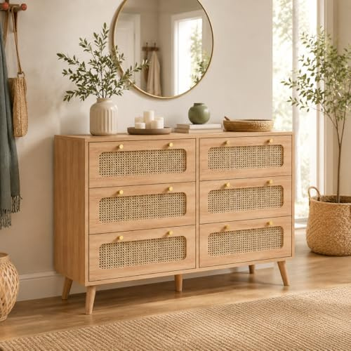 HYNHXBP Nordisk stil med 6 lådor i trä, förvaringsbyrå med rottingpaneler, byrå för sovrum för vuxna, naturlig träfärg, 100 x 40 x 85 cm