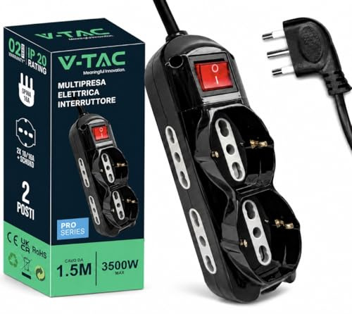 V-TAC Multipresa Elettrica Nera 6 POSTI con Interruttore Luminoso - Cavo 1,5 mt - 3 Prese Laterali 10/16A Bipasso e 3 Frontali 10/16A Bipasso Shuko - Ciabatta per Casa, Ufficio - Spina 16A - Ciabatta