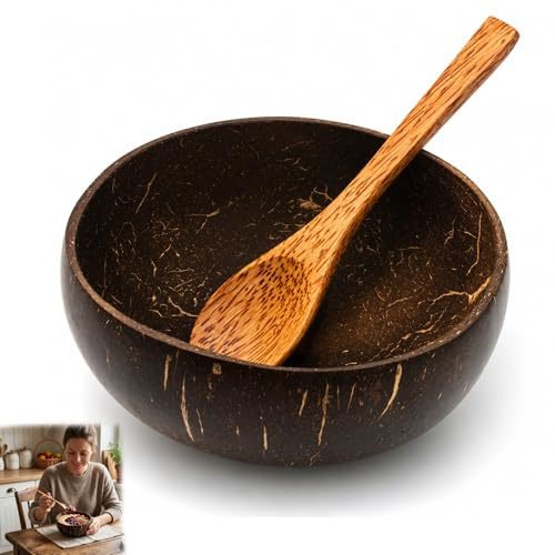 QhgPnt 2-Piece Coconut Bowl and Wooden Spoon Set, Polished Coconut Bowls, Natural Coconut Shell Wooden Bowl for Dining and Serving, Ideal for Acai, Smoothie and Yogurt Bowls, Kitchen Storage