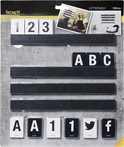 SECURIT - Set 4 Wandregale mit Buchstaben - Farbe Schwarz | 169 Buchstaben und Zahlen Inklusive - Doppelseitige Kacheln - Maße 4x25 cm