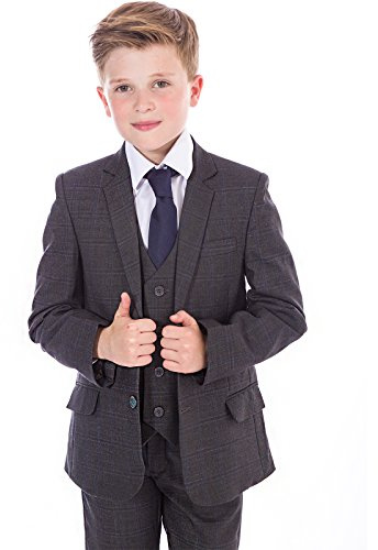 Vivaki Boys Suit Grey Check Paisley Lining Formal Wedding Pageboy Party Prom 5pc Suit (5/6 Years)