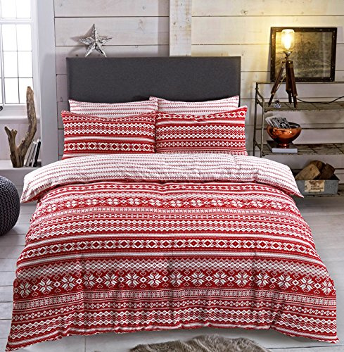 Flannel Duvet Cover Set Double with Pillowcases Quilt Reversible Printed Brushed Cotton, Fairisle Red