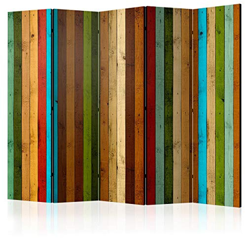 decomonkey Paravent Raumteiler Innen Holzbrett bunt, 225x172 cm, 5-teilig | Stabiler Holzrahmen, freistehend, beidseitig bedruckt, hochwertiger Druck, buntes Holzbrett-Motiv, hergestellt EU