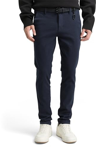 TOM TAILOR Denim Herr Raka chinos byxor med bälte 1020451, 23976 - Navy Dobby Yarn Dye, 36W / 32L