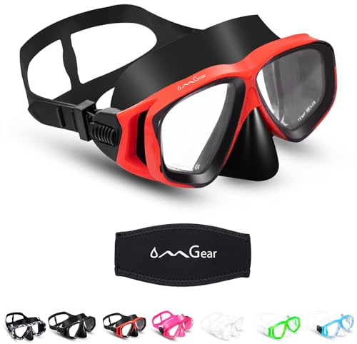 Children Dive Mask Two-Lens Swim Goggles with Nose UV Protection Recreation Tempered Glass Free Diving Goggles Snorkeling Mask (Red008)