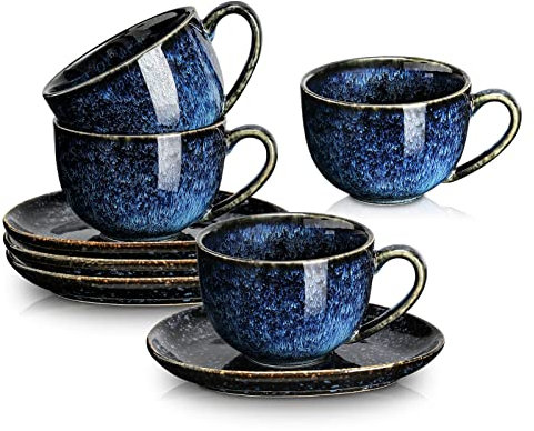 vicrays 6.5 oz Cappuccino Cups with Saucers, Set of 4, Ceramic Coffee Cup for Au Lait, Double shot, Latte, Cafe Mocha, Tea (Starry Blue)