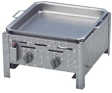 BSR-Grillen Profi Gasgrill 2-flammig mit Emaille -Pfanne hoher Rand I Edelstahl Gastrogrill I Gasbräter I Gastrobräter I Piezo-Zünder I 2 Gasbrenner stufenlos regelbar I Gasschlauch I Druckminderer