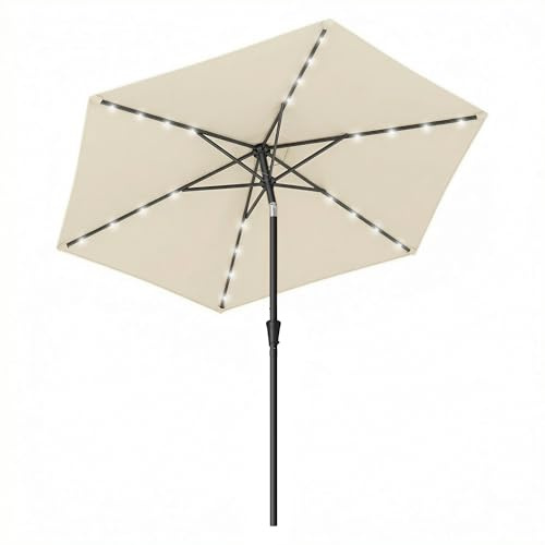 SONGMICS Ombrellone 270 cm con illuminazione a LED solare, 32 lampadine LED, protezione UV UPF 50+, pieghevole su entrambi i lati, per giardino, terrazza, piscina, balcone, senza supporto, beige