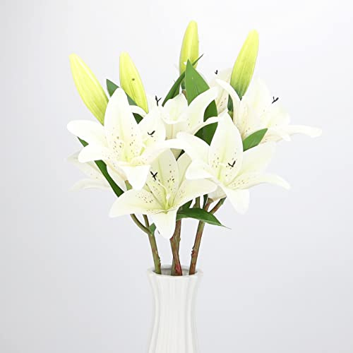 LGEGE Künstliche Blumen mit weißen Lilien, fühlen sich echt an, für Zuhause, Küche, Büro, Hotel, Dekoration, Blumenarrangement, Tafelaufsätze für den Tisch, 4 Stück