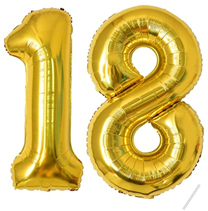Luftballons zum Geburtstag, 18, Gold, 100 cm, Zahlen-Ballon, Nummer 18, Happy Birthday, Dekoration, Geburtstagsfeier, Jahre, fliegt dank Helium 18