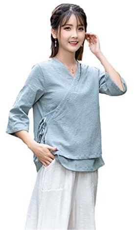 Sommer chinesische traditionelle Kleidung Tang-Anzug Top Frauen Mädchen Leinen Zen Kung Fu Shirt V-Ausschnitt Chiffon lose Top2 XS