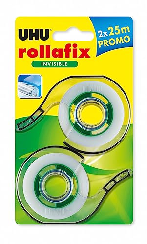 UHU Rollafix unsichtbares Klebeband, unsichtbar, transparent, lösemittelfrei, 2 Stück mit Nachfüllpackung, 25 m x 19 mm