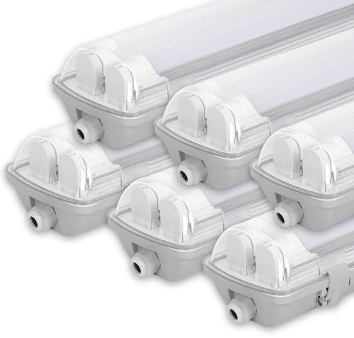 Sonnewelt LED Feuchtraumleuchte 120cm 6er 6000K Kaltweiß 2x 18W Röhre 3600lm IP65 Wasserfest T8 Werkstattlampe Röhrenlampe Komplett Wannenleuchte Leuchte für Garage Keller Büro Warenhaus