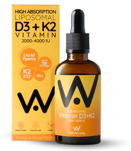 WELL ACTUALLY Liposomal Vitamin D3 + K2 Liquid Pipette - High Absorption Vegan Vitamin D3 4000 IU & Vitamin K2-7 160mcg as Menaquinone-7 MK-7 - Orange & Mango (up to 120 Servings)