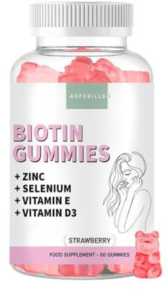 Biotin hochdosiert 10.000 mcg Gummibärchen Erdbeergeschmack - Biotin Komplex + Zinc + Selen für Haarwuchs, Haut & Nägel - Haar Vitamine mit Vitamin E & D3 - Vegan, Glutenfrei, 60 Einheiten