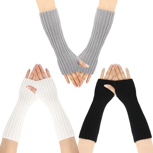 OAAO 3 pairs of fashionable warm fingerless gloves, women's knitted warm glove sleeves, fingerless sleeve glove arm sleeves, black, white, light gray long arm warmers for men and women