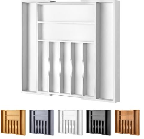 oridom Large Premium Bamboo Silverware Organizer - Expandable Drawer Organizer & Utensil Organizer - 17x19.7 Cutlery Tray with Dividers for Kitchen Utensils and Flatware (7-9 Slots) (White)