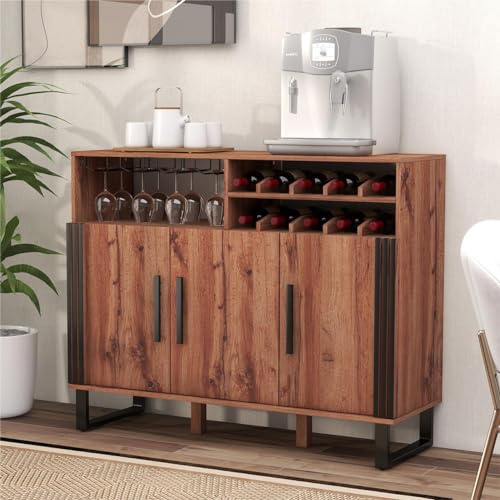 TANGZON Storage Cabinet, 3-Door Wooden Kitchen Sideboard with 2-Tier Wine Rack, 4-Row Glass Holder, Adjustable Shelf & U-shaped Metal Legs, Floor Standing Buffet Cupboard Wine Bar Cabinet Unit