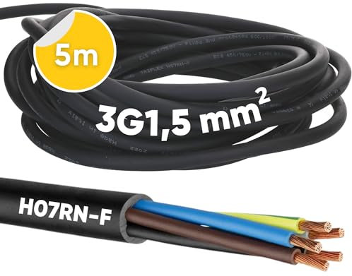 Kalitec H07RN-F - Cavo in gomma 3 x 1,5 mm², con conduttore di protezione per esterni, cavo elettrico nero, flessibile, resistente ai raggi UV e all'olio, cavo di collegamento 3G1,5, cavo in gomma a 3