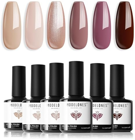modelones UV Nagellack Braun, Gel Nagellack Set 6 Farben Nude Glitzer Neutral, Winter Gellack Soak Off Natur Gel Polish Nageldesigns,UV-LED UV GelLack für Anfänger DIY