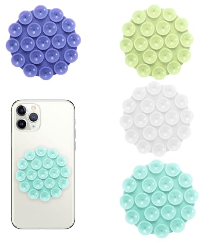 pcsfoe Silikon Handyhalterung, 4 Stück, Saugnapf, für alle Handy-Modelle, Stabil und stark, Einfach zu reinigen, Multifunktion, Paket enthält 4 Saugnäpfe in Weiß, Grün, Blau und Gelb